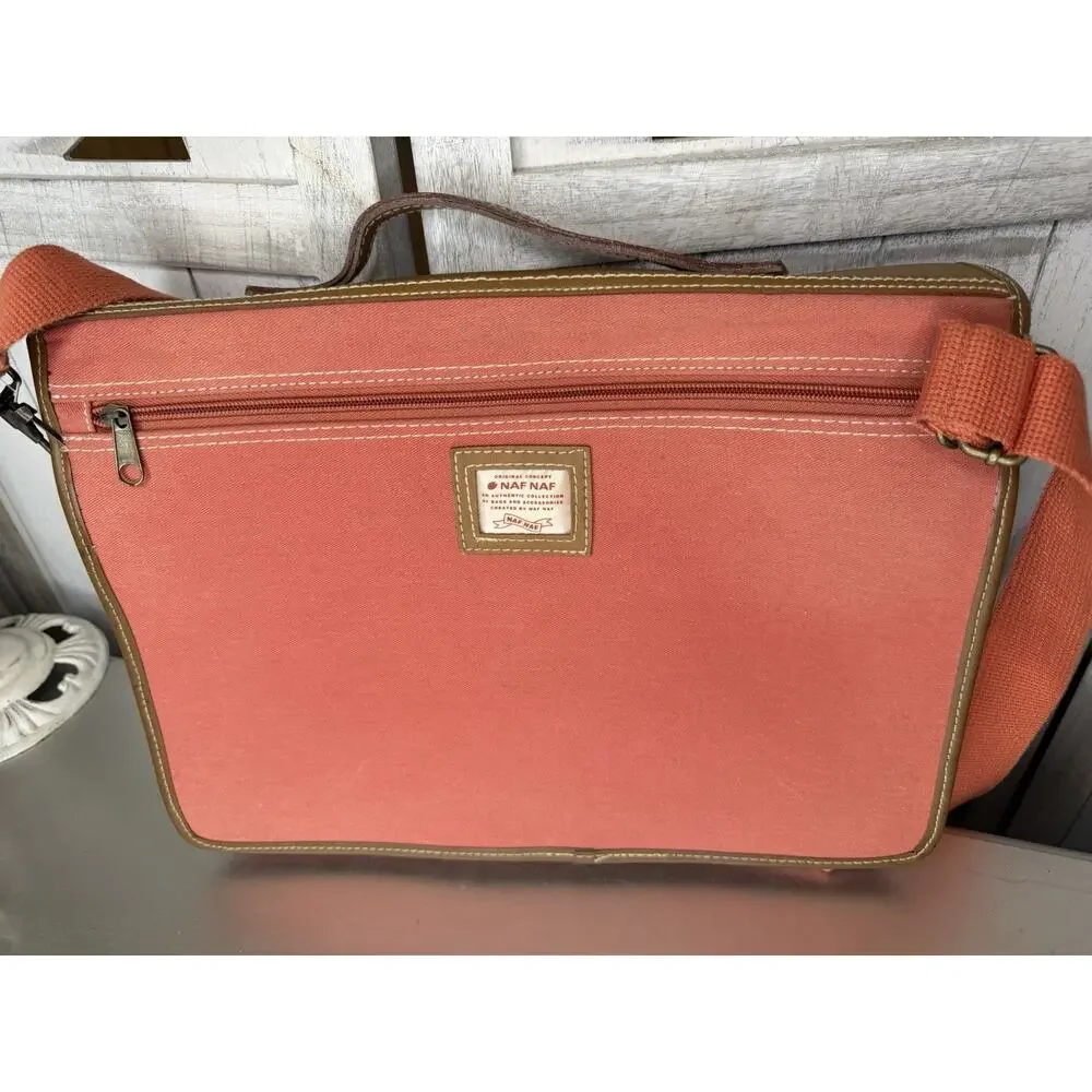 VTG NAF NAF Messenger Bag Top Handle Coral Orange Shoulder Strap Snap Closure